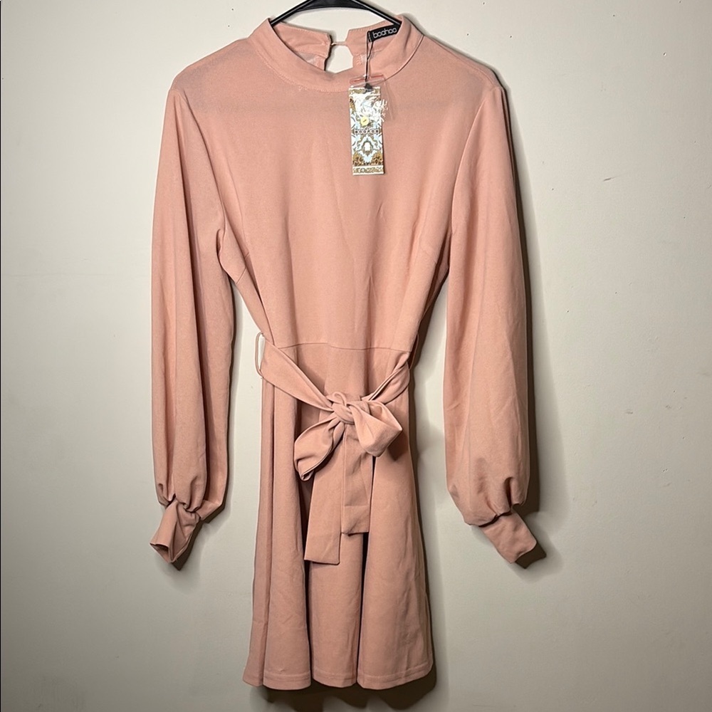 Boohoo Blush Long-Sleeve Dress with Tie Waist